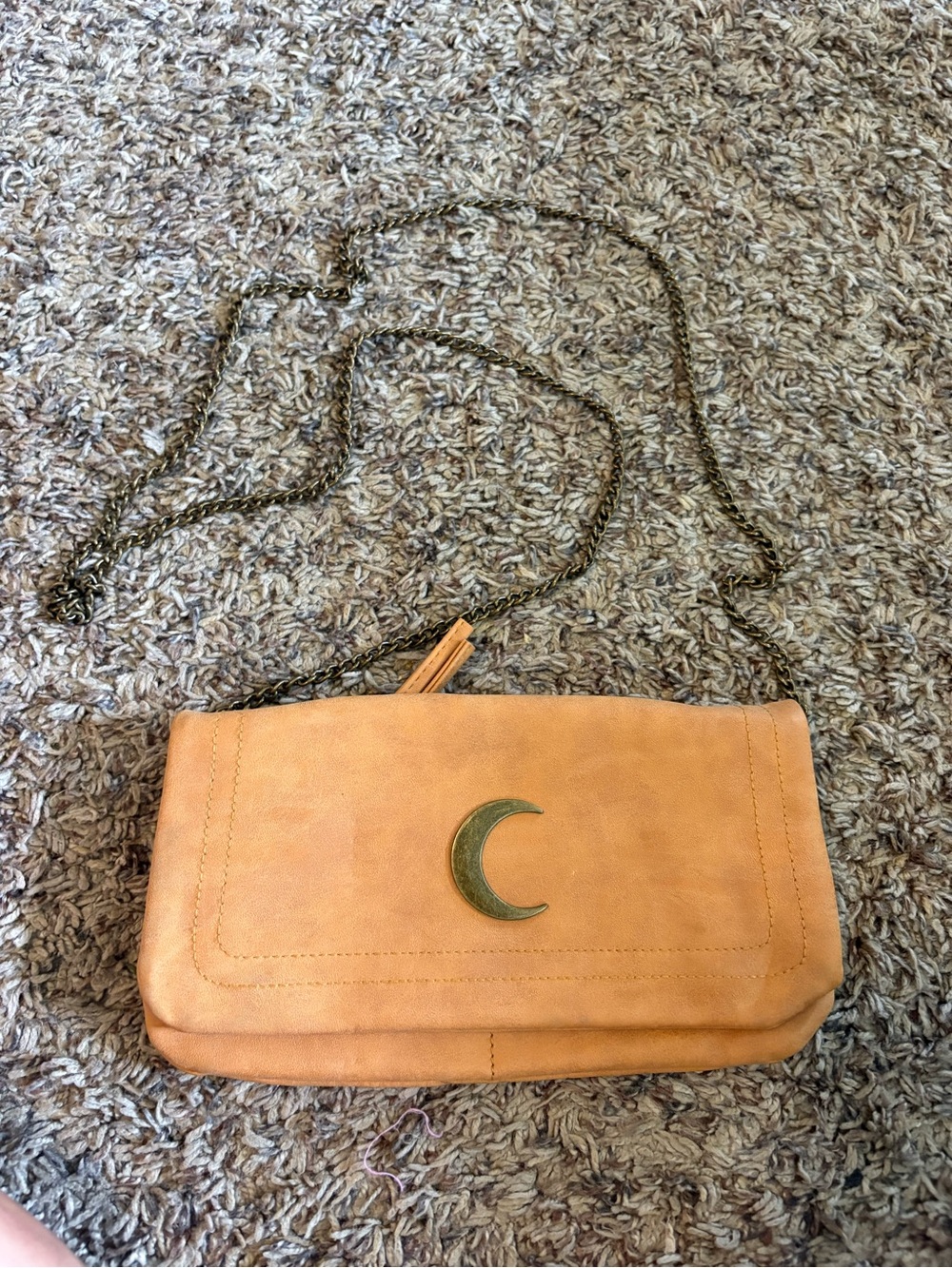 Moon Emblem Tan Leather Crossbody Bag with Chain Strap